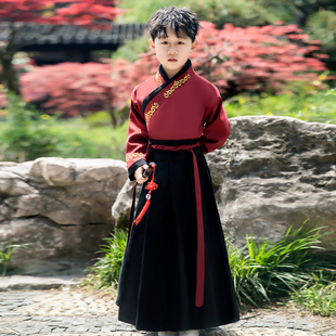 儿童古装汉服男童中小学生国学服诗歌朗诵比赛演出古风唐装红色夏