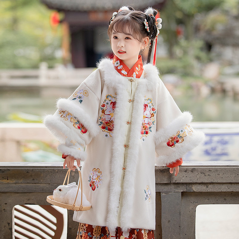 女宝汉服女童拜年服古装唐装中大儿童马面裙套装加绒加厚新年冬季