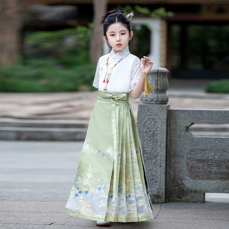 儿童马面裙女童明制汉服绿色国风短袖薄古装中式上衣唐装夏季套装图片