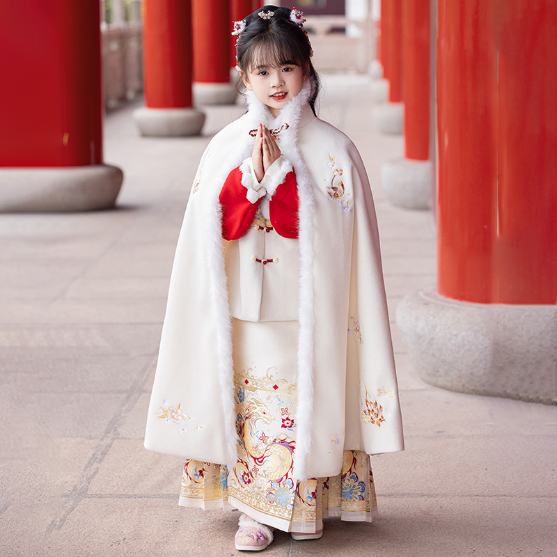 女童汉服披风冬季长款保暖加厚国风白色披肩古装演出斗篷外出外搭