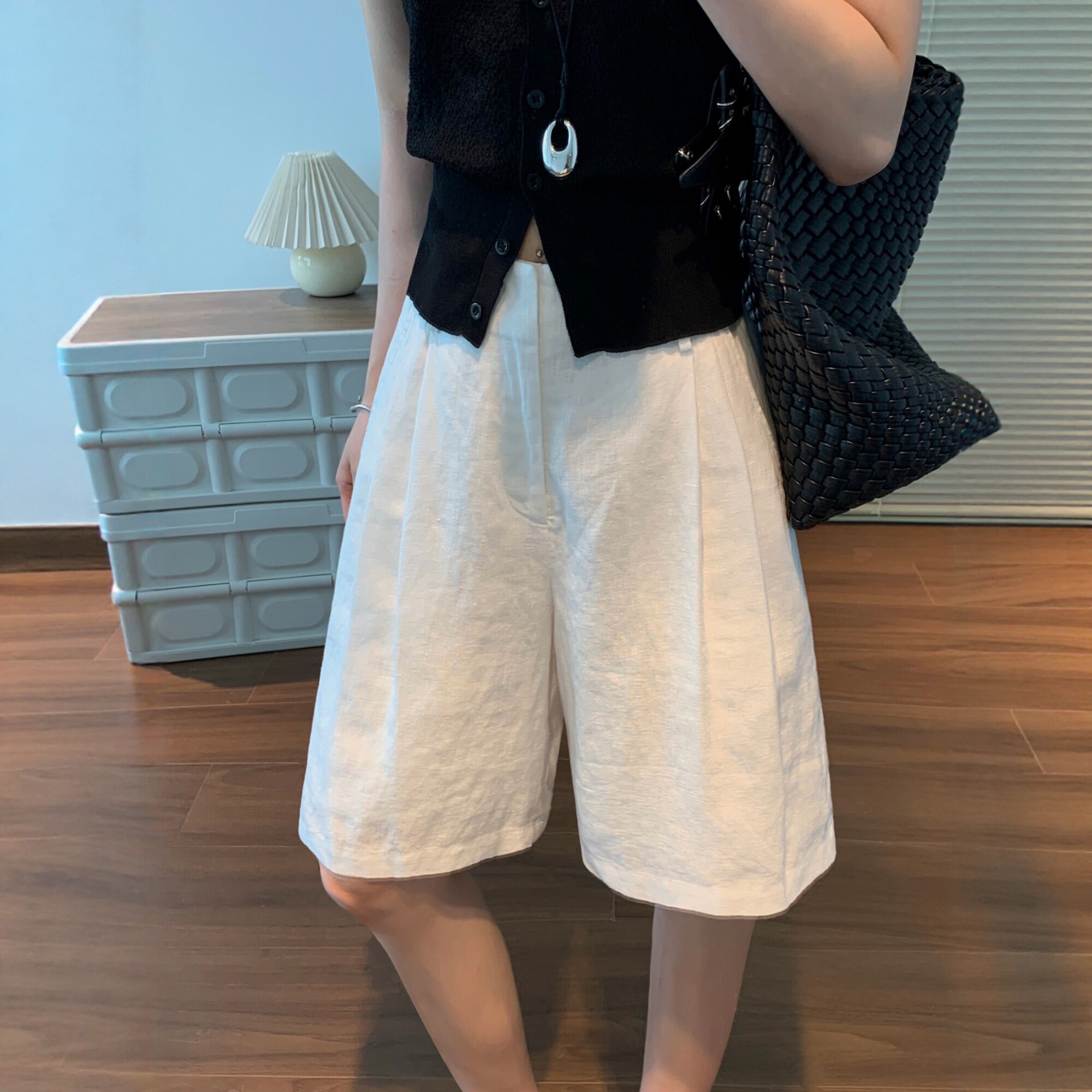 天然纯亚麻白色短裤女夏季薄款西装外穿五分裤老钱风中裤阔腿裤子