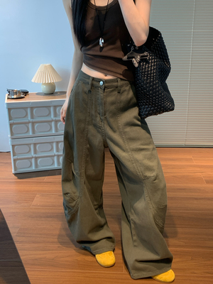 军绿色工装裤女夏季水洗棉2025新款复古休闲春秋弯刀宽松阔腿裤子