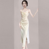 钉珠开叉气质连衣裙收腰修身 法式 荡领醋酸缎面吊带裙女夏季 包臀裙