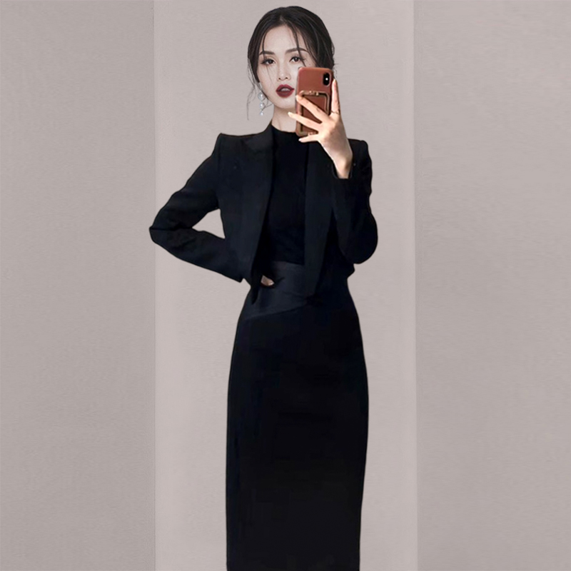 秋季女装高级感气质名媛小香风套装黑色西装外套半身裙职业两件套