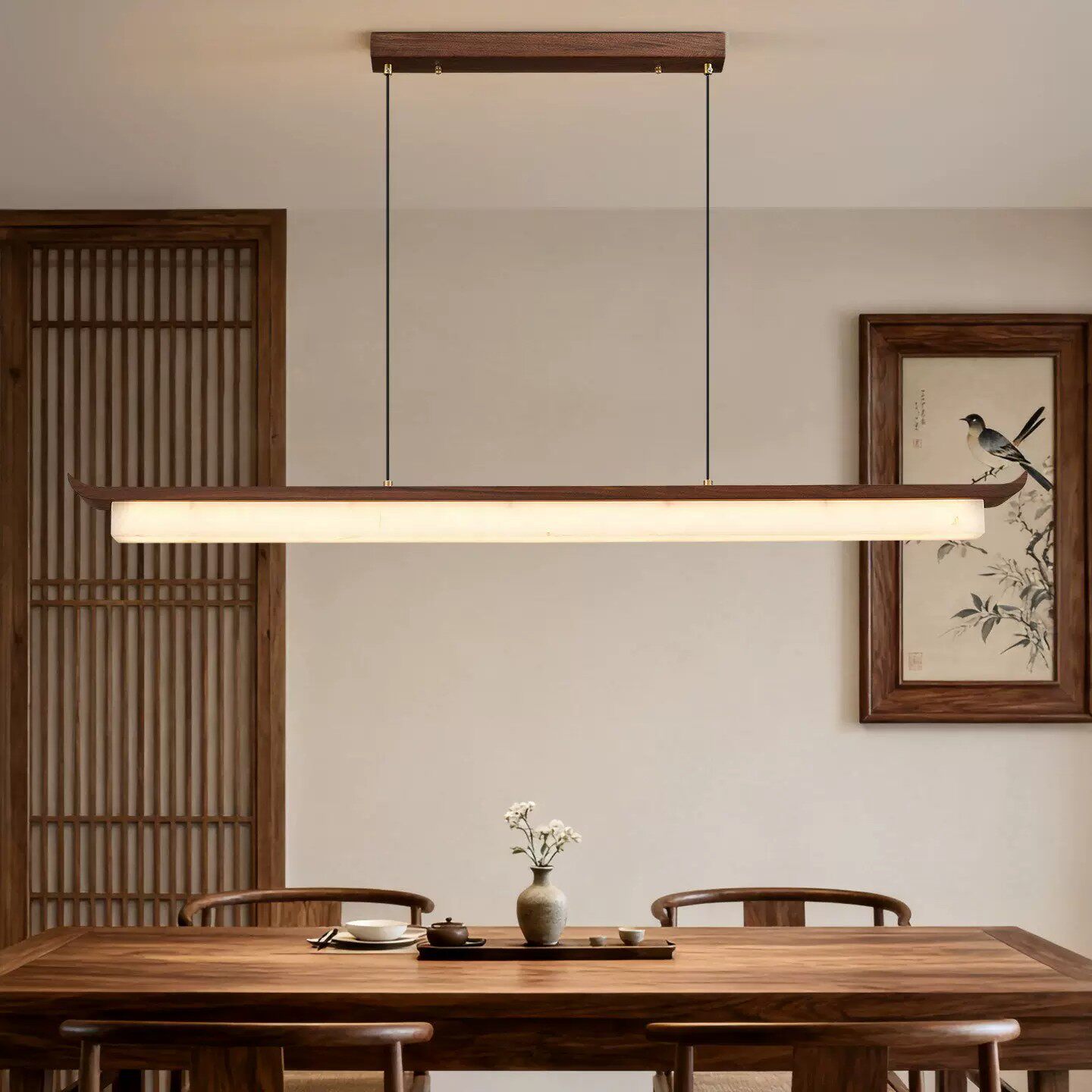 新中式餐厅吊灯一字长条茶室灯中古餐桌灯设计师胡桃木饭厅吧台灯