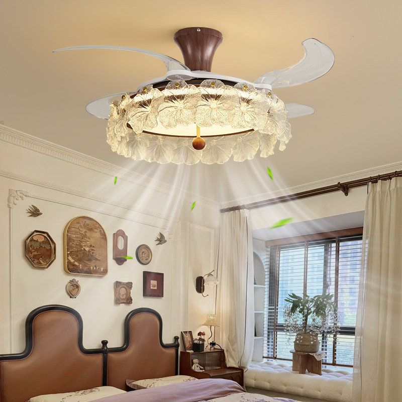 法式复古卧室风扇灯花朵玻璃中古水晶高级感隐形主卧一体吊扇灯具