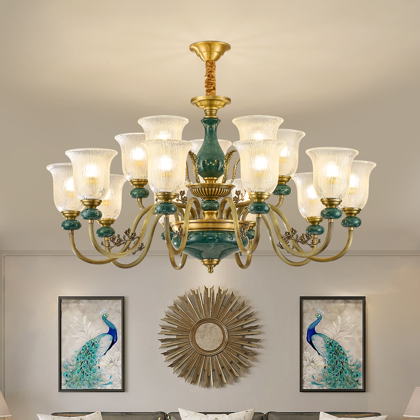 美式吊灯简欧全铜客厅灯具现代别墅欧式大厅卧室餐厅全铜陶瓷灯具