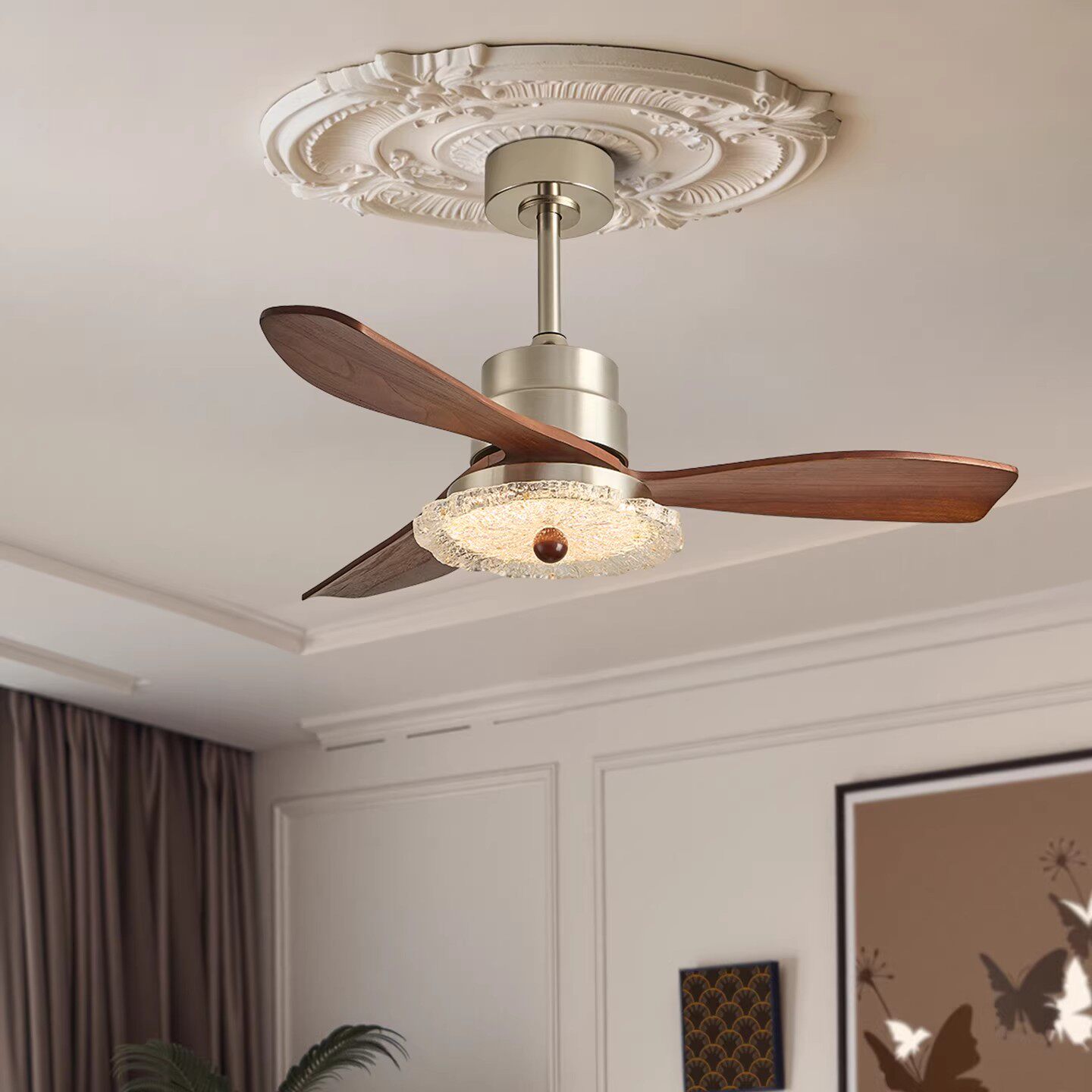 中古风实木风扇灯吊扇灯客厅卧室餐厅吊扇变频一体六档吸顶电扇灯