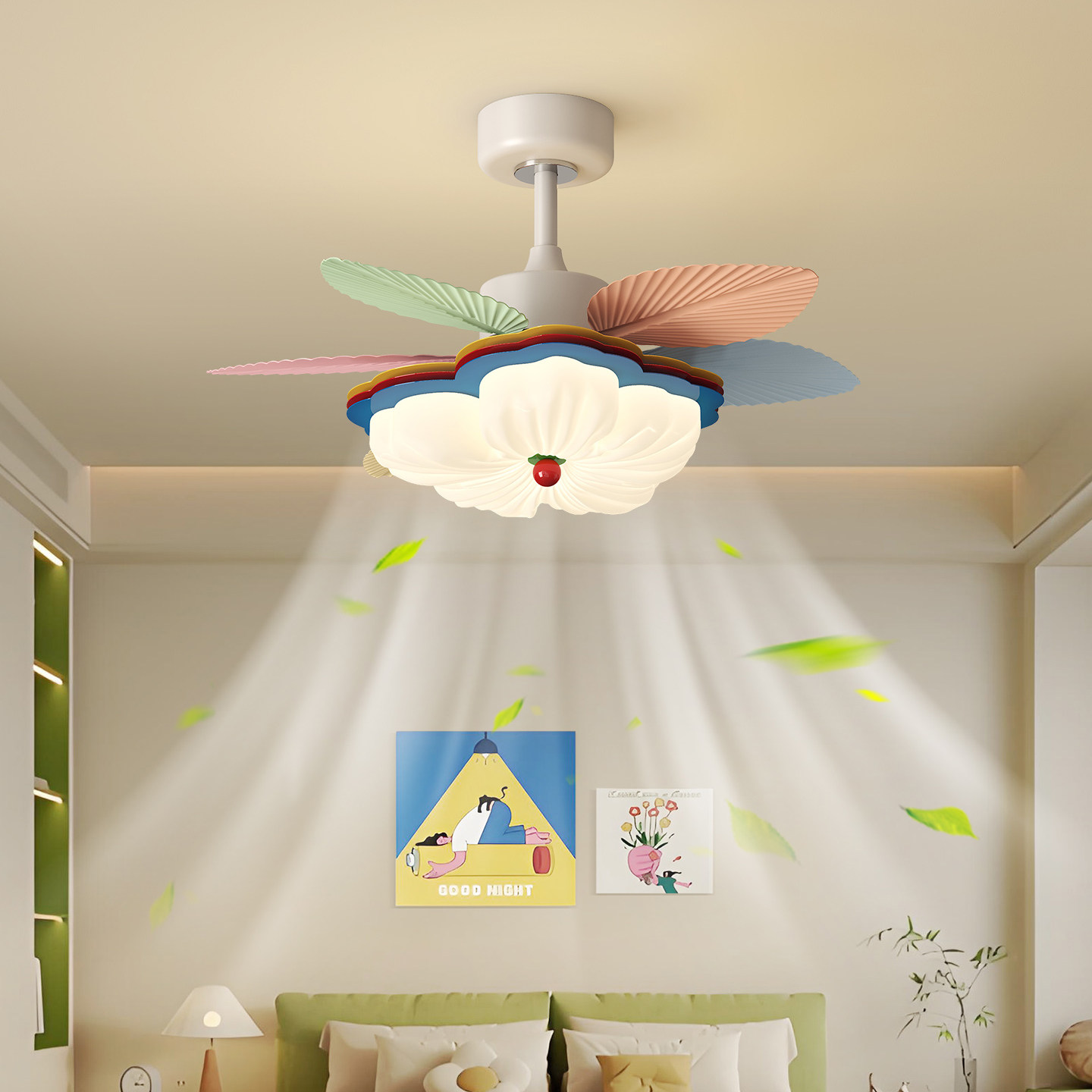 孟菲斯彩色花朵餐厅风扇吊灯多巴胺创意儿童房卧室隐形吸顶风扇灯