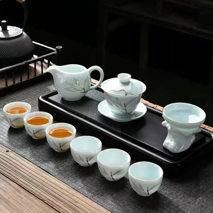 陶瓷三才盖碗茶杯青花描金简约家用待客整套礼品功夫茶具套装