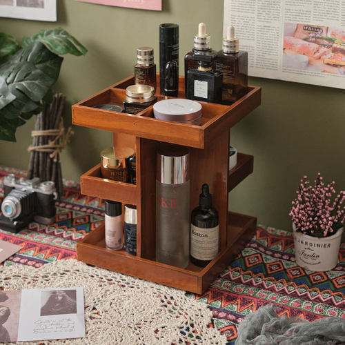 桌面梳妆台护肤品口红整理桌上置物架分层可旋转木质化妆品收纳盒