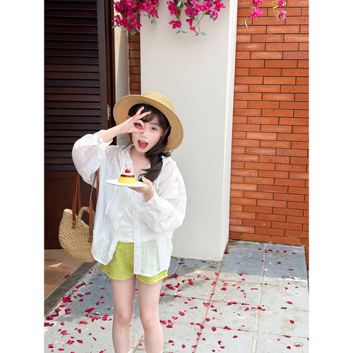 NONO CHILD 夏季新款女童轻薄绣花防晒衬衫百搭夏季连帽外套