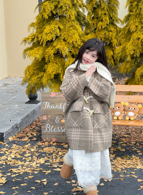 NONO CHILD女童冬季韩版纯羊毛衣呢大衣格子连帽牛角扣中长款外套