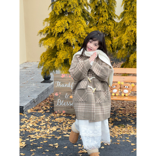 纯羊毛衣呢大衣格子连帽牛角扣中长款 韩版 外套 CHILD女童冬季 NONO