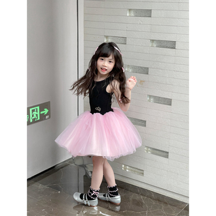 NONO CHILD 夏季25女童芭蕾风黑粉撞色连衣裙拼接背心网纱蓬蓬裙