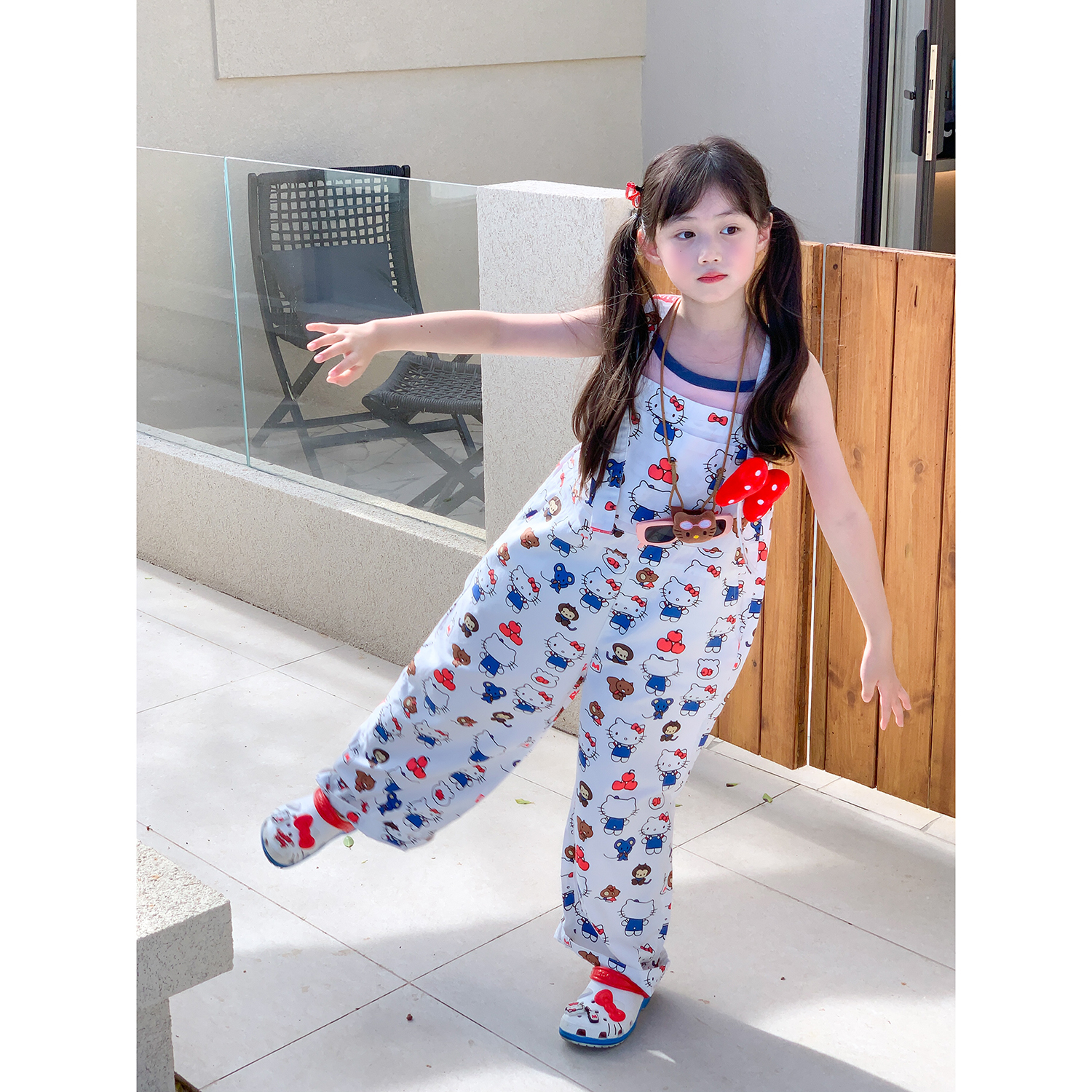 NONO CHILD 女童夏季卡通印花可爱kitty背带裤/粉色吊带两件套