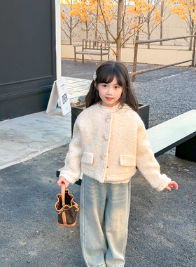 NONO CHILD 女童冬季小香风圆领纯色外套高级感保暖羊毛呢外套