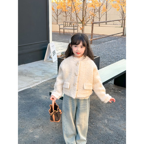 NONO CHILD 女童冬季小香风圆领纯色外套高级感保暖羊毛呢外套