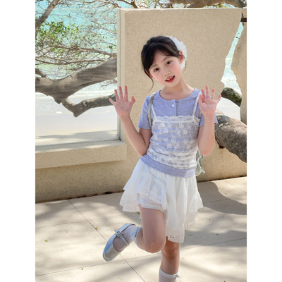 NONOCHILD女童蕾丝拼接短袖T恤