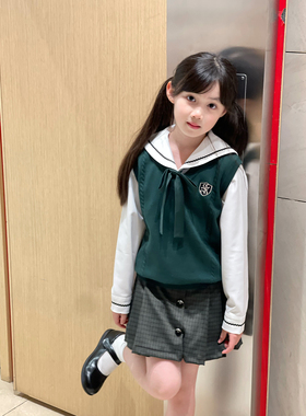 NONO CHILD 秋冬女童学院风jk套装海军风高级感格子裙两件套