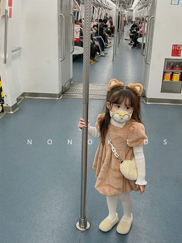 NONO CHILD冬季新款公主袖獭兔毛丝带女童连衣裙公主裙木耳边毛衣