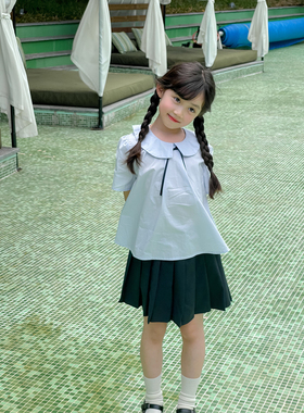 NONO CHILD女童夏季学院风娃娃领蝴蝶结短袖纯色百褶裙两件套套装