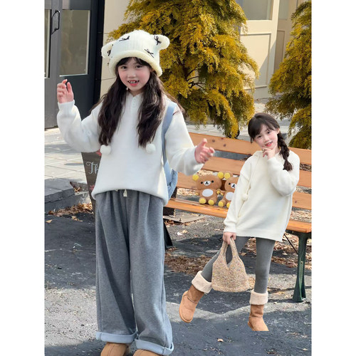 NONO CHILD 女童秋冬慵懒风水貂绒连帽毛衣纯色保暖百搭套头上衣