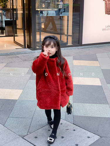 NONOCHILD女童新年红色皮草外套