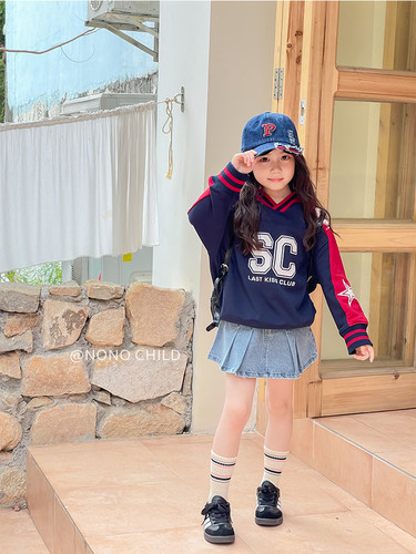 NONO CHILD 春季女童美式复古重工刺绣撞色上衣宽松套头卫衣
