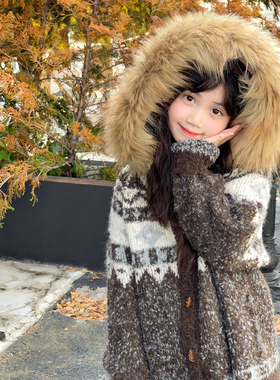 NONO CHILD 女童秋冬费尔岛慵懒风针织外套重工毛领加厚保暖宽松