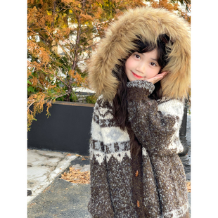 NONO 女童秋冬费尔岛慵懒风针织外套重工毛领加厚保暖宽松 CHILD