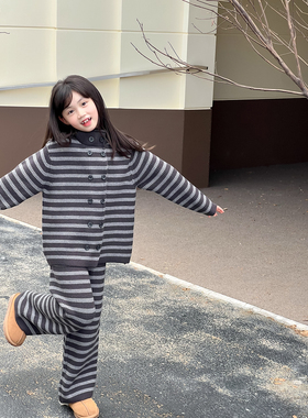 NONO CHILD 秋冬女童韩版条纹针织双排扣开衫毛衣长裤套装两件套