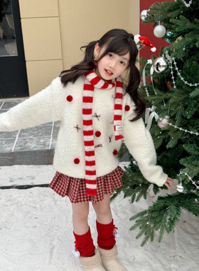 NONO CHILD 秋冬女童新年圣诞蝴蝶结针织圆领套头毛衣/格子百褶裙