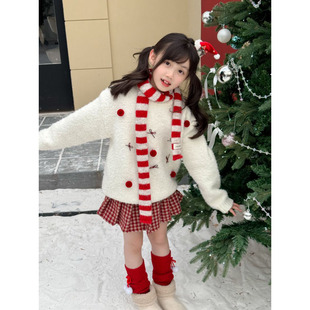 格子百褶裙 秋冬女童新年圣诞蝴蝶结针织圆领套头毛衣 NONO CHILD