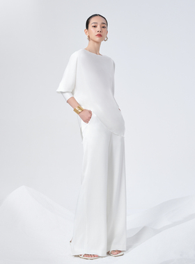 【明星同款】TU女装三醋酸一字肩蝙蝠袖上衣通勤t恤不规则衬衫