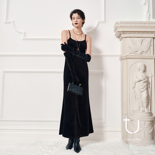 显瘦无袖 TU女装 优雅气质修身 新款 内搭裙子 丝绒吊带连衣裙2025冬季