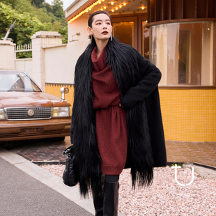 TU女装 重工牦牛绒拉绒拼接皮草领毛呢外套慵懒加厚大衣 巴黎慢调