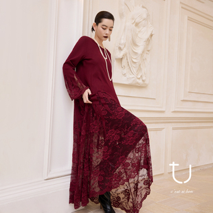 TU女装 伊尔米娜羊毛蕾丝拼接连衣裙圣诞穿搭新年战袍A字大摆裙子