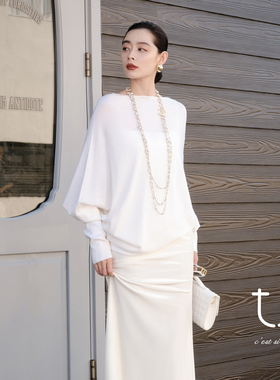 TU女装 风屿轻覆 真丝羊毛一字领针织衫26年春季新款百搭廓形上衣