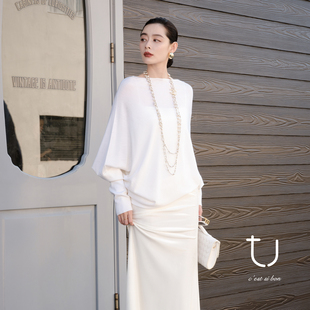 新款 TU女装 25年冬季 真丝羊毛一字领针织衫 百搭廓形上衣 风屿轻覆