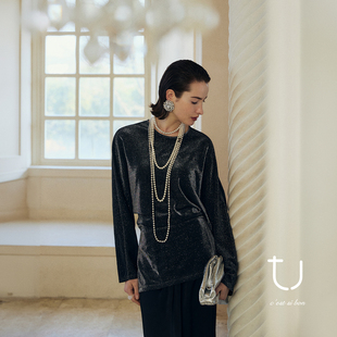TU浮影 法式复古圆领上衣2026年春季新款长袖褶皱收腰光泽感衬衫