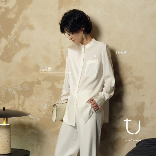 TU女装桑蚕丝宽松长袖百搭衬衫