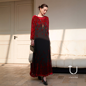 长裙子 复古红宽松阔版 新年系列 TU真丝植绒印花连衣裙26春新款