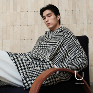 阔版 新款 复古千鸟格连帽斗篷25年冬季 羊毛上衣 明星同款