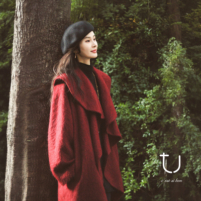 TU女装牦牛绒拉绒大翻领毛呢外套