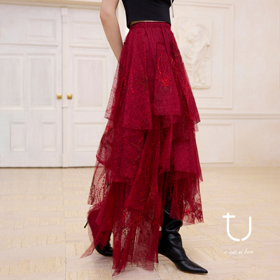 TU女装高腰A子网纱半身裙裙子