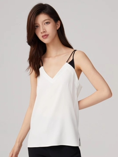 上衣 轻奢简约无袖 TU女装 V领醋酸撞色吊带背心白色内搭打底衫
