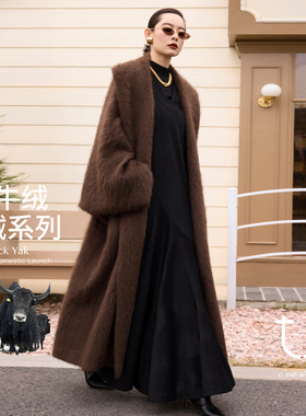 TU女装 牦牛绒拉绒宽肩廓形毛呢外套老钱风琥珀流光长款大衣