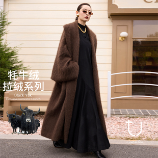TU女装 大衣 牦牛绒拉绒宽肩廓形毛呢外套25冬老钱风琥珀流光长款