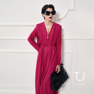 松弛感长裙子 慵懒V领立裁垂褶羊毛连衣裙2025年冬新款 TU女装 法式
